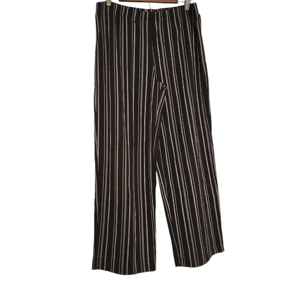 Black Striped Wide Leg Elastic Waistband  100% Cotton Women's Pants Size L NWT - Picture 1 of 7